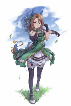 1girl animal_ears bare_shoulders black_gloves black_thighhighs blue_sky blush bow breasts brown_hair cloud cross-body_stretch dress ear_bow ear_covers ear_ribbon garter_straps gloves grass green_bow green_dress highres horse_ears horse_girl horse_tail king_halo_(king_of_emeralds)_(umamusume) king_halo_(umamusume) long_hair looking_at_viewer medium_breasts off_shoulder peperoncino-sama red_eyes shoes skirt sky solo stretching tail thighhighs umamusume white_skirt