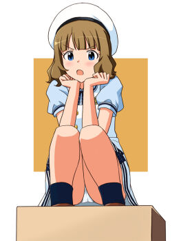 1girl :o beret black_socks blue_collar blue_eyes blue_shirt blunt_bangs blush box brown_footwear brown_hair buttons collar collared_shirt cowboy_shot dot_nose dress eyelashes hands_on_own_chin hat head_rest idolmaster idolmaster_million_live! idolmaster_million_live!_theater_days legs_together lielos looking_at_viewer medium_hair neck_ribbon official_alternate_costume on_box open_mouth panties pantyshot pinafore_dress puffy_short_sleeves puffy_sleeves ribbon school_uniform shirt short_sleeves sidelocks simple_background sitting sleeveless sleeveless_dress socks solo squatting striped_ribbon summer_elementary_school_(idolmaster) summer_uniform_series_(idolmaster) suou_momoko underwear v-shaped_eyebrows wavy_hair white_dress white_hat white_panties