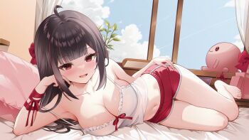 1girl absurdres ahoge armpits bare_legs bare_shoulders barefoot bed black_hair bow breasts camisole cleavage collarbone commission crop_top dolphin_shorts fang frilled_shirt frills hair_bow head_rest highres indoors large_breasts long_hair looking_at_viewer lying midriff mole mole_on_breast multicolored_hair navel on_bed on_side open_mouth original pillow red_eyes red_shorts ribbon rim_(rimmon2438) shirt short_shorts shorts sleeveless sleeveless_shirt smile solo spaghetti_strap stomach strap_slip streaked_hair thighs white_shirt window wrist_ribbon