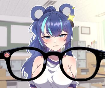 1girl absurdres animal_ears bear_ears bear_girl blue_eyes blue_hair blush breasts classroom closed_mouth collarbone commentary commission easel_(djeasel) english_commentary fujikura_uruka highres long_hair multicolored_hair phase_connect ponytail shirt streaked_hair upper_body virtual_youtuber white_shirt x-ray_glasses x-ray_vision