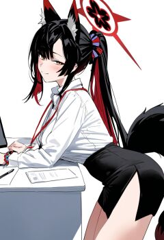 1girl ai-assisted aiart_fring alternate_costume alternate_hairstyle animal_ear_fluff animal_ears black_hair blue_archive blush breasts cowboy_shot desk extra_ears fox_ears fox_girl fox_tail halo high_ponytail highres large_breasts leaning_forward leaning_on_table looking_at_viewer multicolored_hair office_lady ponytail red_hair smile solo tail wakamo_(blue_archive) yellow_eyes