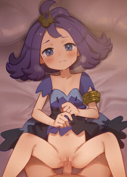 1boy 1girl acerola_(pokemon) armlet blush bottomless censored closed_mouth collarbone commentary_request dress ear_blush eyelashes fingernails hair_ornament happy_sex hetero jewelry loli looking_at_viewer lying male_pubic_hair missionary mosaic_censoring navel nintendo on_back penis petite pokemon pokemon_sm pov pubic_hair purple_hair pussy sex shamonabe short_hair short_sleeves skinny smile solo_focus spread_legs stitches sweat topknot vaginal