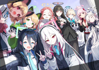 aris_(blue_archive) black_hair black_pantyhose blonde_hair blue_archive blue_halo breasts commentary_request eimi_(blue_archive) green_halo group_picture halo highres himari_(blue_archive) jacket kei_(blue_archive) kei_(new_body)_(blue_archive) large_breasts maid midori_(blue_archive) momoi_(blue_archive) multiple_girls necktie pantyhose pink_halo red_hair rio_(blue_archive) school_uniform shrimp1634 skirt small_breasts smile toki_(blue_archive) v wheelchair white_hair white_halo yellow_halo yuzu_(blue_archive)