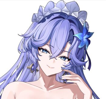 1girl blue_eyes blue_flower cantarella_(wuthering_waves) closed_mouth colalk commentary cropped earrings facial_mark fingernails flower hair_between_eyes hair_flower hair_ornament hand_up headdress highres implied_nudity jewelry long_fingernails long_hair looking_at_viewer mark_under_eye mole mole_under_eye nail_polish purple_hair purple_nails smile solo wuthering_waves