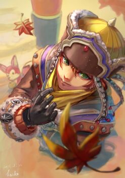 Rule 34 | 1boy, 1other, absurdres, black gloves, commentary request, cuilang (rune factory), gloves, green eyes, hair between eyes, highres, kaiko pekoe, long sleeves, looking at viewer, male focus, mongolian clothes, red hair, rune factory, rune factory: guardians of azuma, scarf, solo, squirrel, yellow scarf