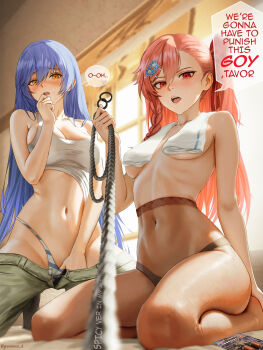 2girls absurdres barefoot bed blue_hair breasts brown_pantyhose commentary dgkamikaze english_commentary english_text feet girls'_frontline green_pants hexagram highres holding holding_leash kneeling large_breasts leash long_hair looking_at_viewer medium_breasts multiple_girls navel negev_(girls'_frontline) open_mouth panties pants pantyhose pink_hair pov pussy_juice red_eyes ribs speech_bubble squatting star_of_david stomach striped_clothes striped_panties sweat tank_top tar-21_(girls'_frontline) thought_bubble toes tongue topless_female towel towel_around_neck twitter_username underwear very_long_hair viewer_on_leash white_tank_top yellow_eyes