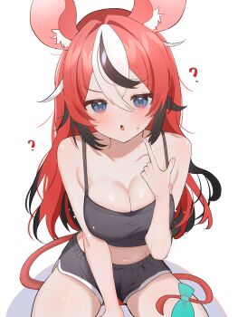 1girl :o ? absurdres alternate_costume animal_ear_fluff animal_ears bare_arms between_legs black_hair blue_eyes bow breasts cleavage colored_tips commentary crop_top crossed_bangs dolphin_shorts double-parted_bangs grey_shorts grey_tank_top hair_between_eyes hakos_baelz hand_between_legs hand_up highres hololive hololive_english large_breasts long_hair looking_at_viewer midriff mouse_ears mouse_girl mouse_tail multicolored_hair navel open_mouth pointing pointing_at_self red_hair ribbed_tank_top short_shorts shorts shusuchii simple_background solo streaked_hair sweatdrop symbol-only_commentary tail tail_bow tail_ornament tank_top virtual_youtuber white_background white_hair