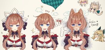 1boy 3girls anger_vein animal_ears bare_shoulders black_dress blue_eyes breasts brown_hair cat_ears charo_(tyaroneko2020) cleavage dress genshin_impact headdress highres kirara_(genshin_impact) long_sidelocks lynette_(genshin_impact) lyney_(genshin_impact) multiple_girls sandrone_(genshin_impact) sequential short_hair_with_long_locks sidelocks simple_background transformation two-tone_dress upper_body white_dress