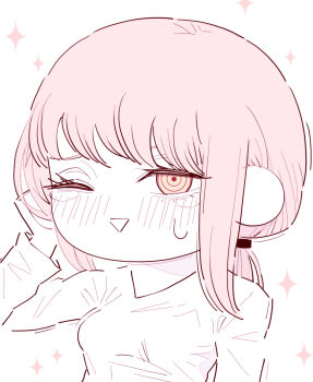 1girl chainsaw_man chibi chibi_only deer60868637 limited_palette long_hair makima_(chainsaw_man) one_eye_closed pink_hair ringed_eyes shirt sidelocks solo sweatdrop tearing_up v-neck yellow_eyes