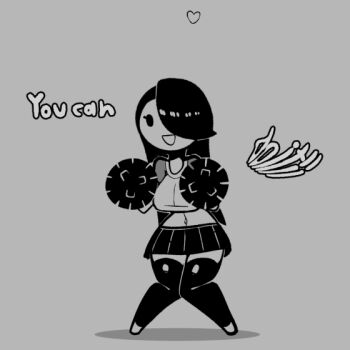 1girl animated animated_gif arms_up black_eyes black_hair breasts cheering closed_eyes commentary cream_(movail2) crop_top curvy english_commentary english_text grey_background hair_over_one_eye heart holding holding_pom_poms jumping large_breasts long_hair midriff monochrome movail2 narrow_waist navel no_bra open_mouth original panties pleated_skirt pom_pom_(cheerleading) pom_poms raglan_sleeves shirt simple_background skirt smile solo t-shirt thick_thighs thighhighs thighs underboob underwear upskirt very_long_hair wide_hips zettai_ryouiki