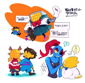 1other 3girls ? alphys animal_ears bag black_tank_top blonde_hair blue_shorts blue_skin blue_sweater bow bowtie brown_hair colored_sclera colored_skin commentary deer_ears deer_girl deer_tail double_horizontal_stripe eyepatch fins fish_girl frisk_(undertale) green_sailor_collar green_skirt head_fins high_heels highres holding holding_stick kanianoreki long_hair low_twintails mettaton multiple_girls noelle_holiday pink_shoes ponytail red_bow red_bowtie red_hair red_sweater reptile_girl robot sailor_collar school_uniform serafuku shirt shoes short_hair shorts shoulder_bag skirt speech_bubble spoken_question_mark stick striped_clothes striped_sweater sweater tail tank_top thought_bubble translation_request twintails undertale undyne utdr_(toby_fox) white_shirt yellow_sclera