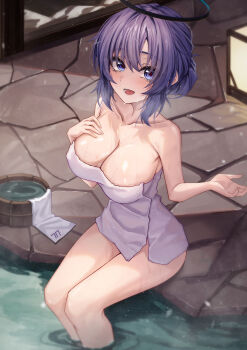 Rule 34 | 1girl, absurdres, andon, black halo, blue archive, blue eyes, blue hair, blush, breasts, bucket, cleavage, collarbone, commentary request, halo, hand up, hidel, highres, large breasts, looking at viewer, naked towel, onsen, open mouth, sitting, smile, solo, steam, thighs, towel, wet, wooden bucket, yuuka (blue archive)