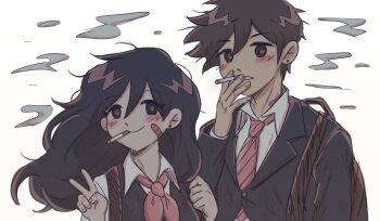 1boy 1girl alternate_costume bandaid bandaid_on_cheek bandaid_on_face black_eyes black_hair black_sweater_vest blush cigarette closed_mouth collared_shirt commentary dark-skinned_male dark_skin double-parted_bangs english_commentary hair_between_eyes hero_(faraway)_(omori) hero_(omori) long_hair looking_at_viewer mari_(faraway)_(omori) mari_(omori) neckerchief necktie omori parted_lips red_neckerchief red_necktie school_uniform setosexual shirt simple_background smoking sweater_vest white_background white_shirt