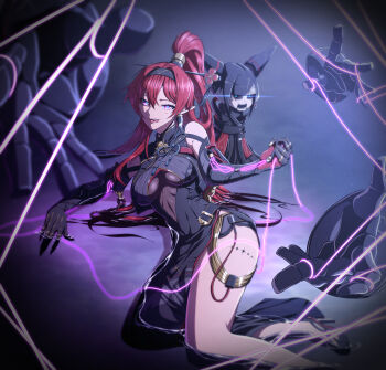 1girl 1other absurdres arm_support bare_legs bare_shoulders black_bodysuit black_cloak black_gloves black_hair black_hairband blue_pupils bodysuit breasts circle_facial_mark cloak commentary disembodied_hand elbow_gloves flower_hairpin foot_out_of_frame gloves glowing_pupils hair_between_eyes hair_ornament hairband hairpin high_heels high_ponytail highres holding holding_string katsuyamamage large_breasts long_hair looking_at_viewer lying mechanical_hands on_side partially_shaded_face partially_submerged pointy_ears ponytail purple_eyes red_hair sidelocks smile soon_(yjwx8242) string tacet_mark_(wuthering_waves) tongue tongue_out underboob very_long_hair wuthering_waves yinlin_(wuthering_waves) zapstring_(wuthering_waves)