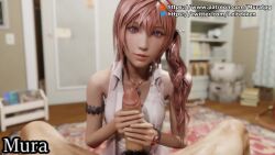 1boy 1girl 3d animated armlet artist_name bare_shoulders blurry blurry_background breasts closed_mouth cum ejaculation eyelashes final_fantasy final_fantasy_xiii handjob hetero indoors jewelry lips long_hair mura_tpg naughty_face necklace pink_hair ponytail pov pov_crotch purple_eyes serah_farron shirt side_ponytail sleeveless sleeveless_shirt small_breasts smile solo_focus tagme two-handed_handjob uncensored upper_body video watermark white_shirt