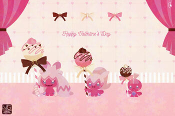 Rule 34 | bow, brown bow, candy, chocolate, closed mouth, colored skin, evolutionary line, fangs, food, holding, holding candy, holding food, holding lollipop, lollipop, meme (sleepsheep), nintendo, open mouth, pink bow, pink skin, pokemon, pokemon (creature), pokemon focus, skin fangs, smile, tinkatink, tinkaton, tinkatuff, white bow