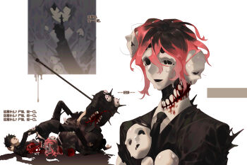 2others amano_meme black_jacket black_necktie black_pants blood chinese_commentary chinese_text collared_shirt commentary_request employee_(project_moon) extra_faces extra_mouth highres jacket lobotomy_corporation mace monster mountain_of_smiling_bodies multiple_others necktie nugget_(project_moon) pants pink_hair project_moon shirt simple_background translation_request weapon white_background white_shirt