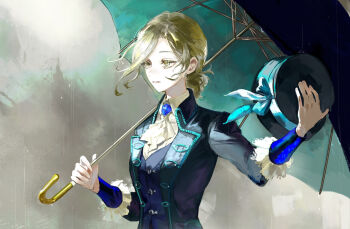 1girl ascot black_coat black_hat black_umbrella black_vest blue_bow boater_hat bow coat collared_shirt grey_background grey_eyes grey_hair grin hair_bun hands_up hat hat_bow highres holding holding_umbrella holding_unworn_clothes holding_unworn_hat nicholas_moh reverse:1999 shirt single_side_bun smile solo umbrella umbrella_over_shoulder unworn_hat unworn_headwear upper_body vertin_(reverse:1999) vest waistcoat white_ascot white_shirt