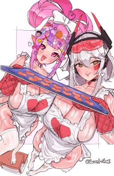 2girls ahoge apron artist_name bell black_choker bow breasts choker cleavage closed_mouth commentary cookie dot_nose english_commentary fang feet food full_body grey_hair hair_between_eyes hair_bow hair_ornament headphones heart heart-shaped_food heart_ahoge highres holding holding_tray indie_virtual_youtuber ironmouse large_breasts looking_at_viewer medium_hair multicolored_hair multiple_girls naked_apron neck_bell open_mouth pink_eyes pink_hair purple_streaks red_oven_mitts sidelocks simple_background skin_fang smile standing stole streaked_hair sweat thick_thighs thighhighs thighs too_many_hair_ornaments tray uneven_footing untranslatable_commentary vacantstone virtual_youtuber wet white_apron white_background white_bow white_thighhighs yellow_eyes zentreya zentreya_(cyborg) zentreya_(cyborg)_(zen_2.0)