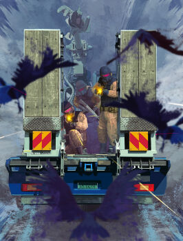 3boys bird bulletproof_vest crown grey_background helmet highres holding holding_weapon machine mask mechanical_arms military_uniform motor_vehicle multiple_boys shoot single_mechanical_arm soldier toy(e) truck violence weapon