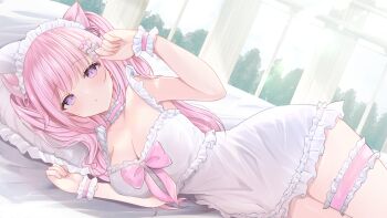 1girl animal_ears armpits arms_up babydoll blush breasts cat_ears cleavage collarbone commentary_request commission cowboy_shot dress frilled_dress frills hair_ornament hairclip head_on_pillow heart heart_hair_ornament indie_virtual_youtuber kurage_cc long_hair looking_at_viewer lying maid_headdress on_bed on_side parted_lips paw_pose pillow pink_hair purple_eyes skeb_commission sleeveless sleeveless_dress solo thigh_strap thighs virtual_youtuber wavy_hair white_babydoll wrist_cuffs yumori_nanya
