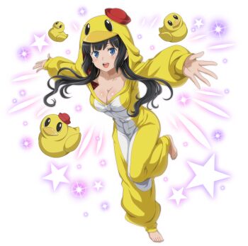 1girl :d anime_coloring blue_eyes blunt_bangs breasts cleavage danmachi_memoria_freese duck_costume dungeon_ni_deai_wo_motomeru_no_wa_machigatteiru_darou_ka game_cg hat hestia_(danmachi) hood hood_up hooded_pajamas large_breasts long_hair looking_at_viewer mini_hat no_bra official_alternate_costume official_art open_mouth pajamas red_hat rubber_duck sidelocks smile solo standing standing_on_one_leg third-party_source yellow_pajamas