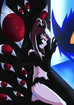 1girl amano_nene_(digimon_xros_wars) artist_name brown_eyes brown_hair corruption cowboy_shot dark_persona digimon digimon_(creature) digimon_xros_wars from_side highres long_hair moonmillenniumon possessed possession profile red_eyes revealing_clothes shademon shademon_(nene_ver.) solo_focus supermondobeat