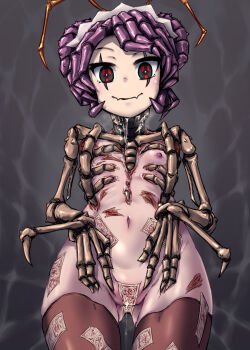 1girl 4shi antennae arthropod_girl black_eyes bone commentary_request double_bun entoma_vasilissa_zeta fangs female_focus grey_background hair_bun highres looking_at_viewer looking_down maid_headdress monster_girl multicolored_eyes navel nipples nude overlord_(maruyama) pussy_juice red_eyes scar simple_background smile solo talisman tape tape_maebari thighhighs