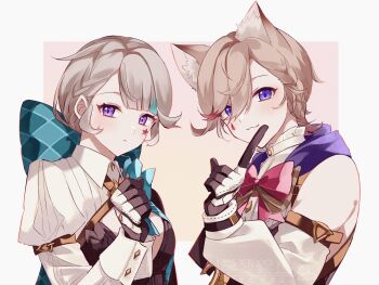 1boy 1girl :3 animal_ear_fluff animal_ears aqua_bow aqua_bowtie aqua_streaks black_capelet black_gloves blonde_hair blunt_bangs blush border bow bowtie braid brother_and_sister brown_bow brown_bowtie buttons capelet cat_ears closed_mouth commentary_request detached_sleeves expressionless eyelashes facial_mark frilled_shirt_collar frills genshin_impact gloves gradient_background grey_hair hair_between_eyes hair_bow hand_up highres huge_bow index_finger_raised juliet_sleeves kemonomimi_mode long_sleeves looking_at_viewer lynette_(genshin_impact) lyney_(genshin_impact) multicolored_gloves multicolored_hair nekorin_chu no_animal_ears parted_bangs puffy_sleeves purple_eyes red_bow red_bowtie red_streaks shirt short_hair shrug_(clothing) siblings sidelocks single_braid sleeve_cuffs sleeveless sleeveless_shirt smile star_(symbol) star_facial_mark streaked_hair swept_bangs teardrop_facial_mark twins two-tone_gloves upper_body watermark white_border white_gloves white_shirt white_shrug white_sleeves