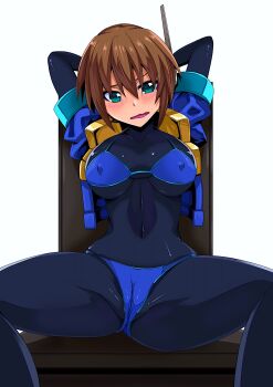 1girl aile_(mega_man_zx) arms_behind_head bad_anatomy bikini black_bodysuit blue_bikini blue_jacket blush bodysuit breasts brown_hair cameltoe cleft_of_venus covered_erect_nipples cropped_jacket green_eyes highres jacket large_breasts mega_man_(series) mega_man_zx mega_man_zx_advent oki_kuro open_clothes open_jacket pussy robot_ears sitting solo spread_legs swimsuit