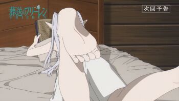 1girl alternate_costume animated animated_gif armpits ass bare_arms bare_legs bare_shoulders barefoot book breasts clenched_hands earrings elf facing_away feet frieren from_behind green_eyes hands_up holding holding_book huge_filesize indoors jewelry legs long_hair lying neck nightgown on_bed on_stomach pale_skin pendant pointy_ears reading screencap sidelocks small_breasts soles sousou_no_frieren the_pose thighs toenails toes twintails white_hair white_nightgown