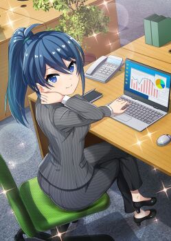 1girl bar_chart black_shoes blue_eyes blue_hair book breasts business_suit chair closed_mouth commentary_request computer computer_mouse crossed_legs dot_nose formal_clothes from_behind graph grey_pants grey_suit high_heels high_ponytail laptop lens_flare looking_at_viewer looking_to_the_side medium_breasts misaki_(project_tokyo_dolls) mole mole_under_eye notepad office_lady official_art on_chair pants pen phone pie_chart pinstripe_pants pinstripe_pattern pinstripe_suit plant ponytail potted_plant project_tokyo_dolls pumps second-party_source shoes short_ponytail sitting smile solo sparkle suit swivel_chair wooden_desk
