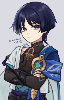 Rule 34 | 1boy, aqua gemstone, armor, belt, black belt, black bow, black bridal gauntlets, blue cape, blue kimono, blue sleeves, blunt ends, bodysuit, bow, bridal gauntlets, brown bodysuit, cape, closed mouth, covered collarbone, crossed arms, expressionless, eyeliner, eyeshadow, feathers, furisode, gem, genshin impact, grey background, grey pupils, hand on own arm, highres, hotarubi (hotarubie), japanese armor, japanese clothes, juban, kimono, kote, kurokote, layered sleeves, looking at viewer, makeup, male focus, middle ring, open clothes, open kimono, parted bangs, purple eyes, purple rope, purple sash, red eyeliner, red eyeshadow, rope, sash, scaramouche (genshin impact), short sleeves, shoulder peek, solo, star (symbol), tsurime, twitter username, upper body, vision (genshin impact), wanderer (genshin impact), white kimono, white sleeves, white trim, wispy bangs, yellow feathers