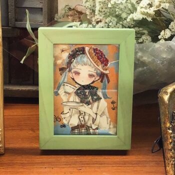 Rule 34 | 1girl, acrylic paint (medium), berry, blouse, blue hair, blunt bangs, blush, bow, brown eyes, buttons, closed mouth, colorful background, commentary request, cup, expressionless, food, hair bow, hair ribbon, hairband, highres, holding, holding cup, karintoun, long sleeves, looking at viewer, medium hair, original, painting (medium), photo (medium), plaid clothes, plaid skirt, red bow, ribbon, shirt, signature, simple background, skirt, teacup, traditional media, twintails, upper body, watercolor (medium)