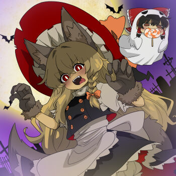 2girls absurdres animal_ears apron bat_(animal) black_skirt black_vest blonde_hair bow braid brown_eyes brown_hair candy food frilled_bow frilled_hair_tubes frilled_skirt frills ghost_costume graveyard hair_bow hair_tubes hakurei_reimu halloween halloween_costume hat hat_ribbon highres kirisame_marisa kumanou22 lollipop moon multiple_girls orange_bow orange_ribbon puffy_sleeves pumpkin_ornament red_bow red_eyes ribbon sheet_ghost shirt side_braid single_braid skirt swirl_lollipop tongue tongue_out touhou turtleneck vest waist_apron werewolf_costume white_shirt witch_hat wolf_ears wolf_paws