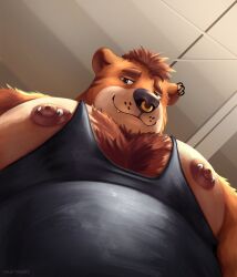 Rule 34 | 1boy, absurdres, animal ears, artist self-insert, bara, barbell piercing, bear boy, bear ears, belly, black tank top, brown fur, chest tuft, earrings, fang, fang out, foreshortening, from below, furry, furry male, highres, jewelry, large pectorals, looking at viewer, looking down, male focus, meme, muscular, muscular male, nastybearz, nipple slip, nipples, nose piercing, nose ring, original, pectoral cleavage, pectoral focus, pectorals, photo-referenced, piercing, plump, short hair, sidepec, smirk, solo, tank top, thick eyebrows, upper body, yur oc like this (meme)