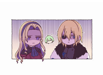 1girl 2boys armor ascot black_armor blonde_hair blue_eyes breastplate commentary_request constance_von_nuvelle constance_von_nuvelle_(timeskip) curtained_hair dimitri_alexandre_blaiddyd dimitri_alexandre_blaiddyd_(timeskip) double-parted_bangs dress empty_eyes expressionless fire_emblem fire_emblem:_three_houses flying_sweatdrops green_hair hair_behind_ear hair_between_eyes hairband highres long_hair looking_to_the_side male_byleth_(awakened)_(fire_emblem) male_byleth_(fire_emblem) multiple_boys nintendo partially_shaded_face purple_ascot purple_eyes red_dress ringlets sideways_glance sounakuna