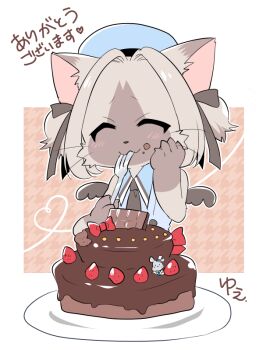 1girl :3 ^_^ animal_ears animal_hands black_ribbon black_wings blue_hat blush border brown_hair cake cat_busters cat_ears cat_girl cat_tail chocolate_cake claws closed_eyes commentary_request debu_nezu eating flat_color food fork furry furry_female hair_ribbon hand_on_own_face hat heart holding holding_fork praline_(cat_busters) ribbon sailor_hat short_hair signature solo tail translation_request two_side_up upper_body white_border wings