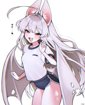 1girl :d absurdres ahoge animal_ear_fluff animal_ears artist_name bat_ears bat_girl bat_wings blue_shorts blush bright_pupils cowboy_shot dolphin_shorts fang gym_uniform half-closed_eyes hand_up haze_(7h4ze) highres huge_ahoge long_hair looking_at_viewer open_mouth original red_eyes shirt short_shorts short_sleeves shorts simple_background smile standing t-shirt white_background white_hair white_pupils white_shirt white_wings wings