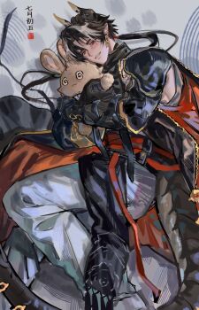 1boy arknights black_hair chongyue_(arknights) dragon_horns dragon_tail highres horns hugging_doll hugging_object long_hair looking_at_viewer lying male_focus on_side pants parted_lips pointy_ears ponytail red_eyes solo stuffed_animal stuffed_rabbit stuffed_toy tail translation_request white_pants yinchuanhudie