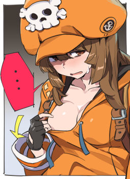... 1girl arrow_(symbol) backpack bag black_gloves blush border breasts brown_eyes brown_hair cleavage clothes_pull collarbone commentary_request embarrassed fingerless_gloves gloves gradient_background grey_background guilty_gear guilty_gear_strive hair_between_eyes hat hat_ornament highres hood hood_down hoodie large_breasts long_hair long_sleeves may_(guilty_gear) newsboy_cap open_mouth orange_hat orange_hoodie outside_border shade shirt_pull skull_and_crossbones skull_hat_ornament solo speech_bubble sweatdrop touniyuu upper_body white_background white_border