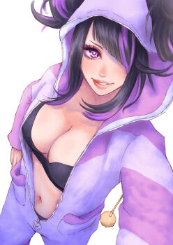 Rule 34 | 1girl, black bra, black hair, black panties, blush, bra, breasts, commentary request, delarocha82, grin, hair over one eye, han juri, highres, large breasts, looking at viewer, multicolored hair, navel, pajamas, panties, pink eyes, pink hair, pink pajamas, short twintails, sidelocks, smile, solo, street fighter, twintails, two-tone hair, underwear