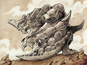 basario_(monster_hunter) claws dragon fantasy horms ink monochrome monster monster_hunter_(series) mountain outdoors sky source_request traditional_media
