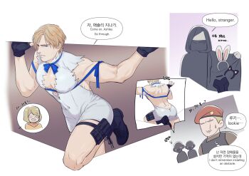 1girl 3boys animal_ears ashley_graham ass bara beret bilingual_text black_gloves blush boots bulletproof_vest coat_stash cosplay curtained_hair dress dungeon_ni_deai_wo_motomeru_no_wa_machigatteiru_darou_ka english_text extra fake_animal_ears fingerless_gloves gloves hat hestia_(danmachi) hestia_(danmachi)_(cosplay) highres hood hood_up hooded_robe jack_krauser large_pectorals leon_s._kennedy male_focus merchant_(resident_evil) mixed-language_text multiple_boys muscular muscular_male pectorals resident_evil resident_evil_4 resident_evil_4_(remake) robe scar scar_across_eye scar_on_face speech_bubble thighs white_dress ya2der2