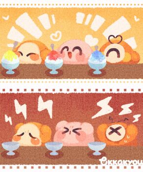 &gt;_&lt; :d ^_^ blush_stickers brain_freeze closed_eyes commentary_request flying_sweatdrops food heart highres kirby kirby_(series) nintendo no_humans open_mouth shaved_ice signature smile spoon tokkakyou waddle_dee waddle_doo