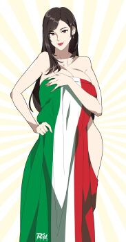 1girl absurdres artist_logo artist_name bare_shoulders blush breasts brown_hair cleavage cover earrings female_focus final_fantasy final_fantasy_vii final_fantasy_vii_remake floating_earrings highres italian_flag italian_senate_porn_livestream_(meme) jewelry large_breasts logo long_hair looking_at_viewer makeup meme r3dfive red_eyes red_lips smile solo square_enix standing tifa_lockhart