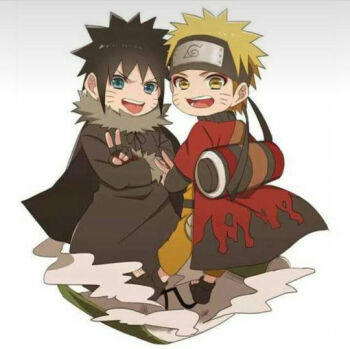 2boys black_hair blonde_hair cape chibi cloak crossed_arms eyeshadow facial_mark fingerless_gloves forehead_protector full_body fur_trim gloves gradient_background makeup male_focus multiple_boys naruto:_road_to_ninja naruto_(classic) naruto_(series) naruto_shippuuden open_mouth red_eyeshadow scroll toeless_footwear uzumaki_menma uzumaki_naruto v whisker_markings white_background yellow_eyes