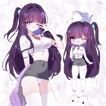 Rule 34 | 1girl, ;d, animal, animal on head, backpack, bag, blue eyes, breasts, cat, character request, chibi, collared shirt, commentary request, covered navel, crop top, diagonal-striped clothes, diagonal-striped necktie, dress shirt, grey skirt, hair intakes, highres, long hair, medium breasts, midriff, multiple views, navel, necktie, on head, one eye closed, one side up, open mouth, panties, purple hair, purple shoes, shark, shirt, shoes, short sleeves, signature, skirt, smile, striped clothes, striped panties, tandohark, thighhighs, trickcal, underwear, v, v over eye, very long hair, white cat, white shirt, white thighhighs