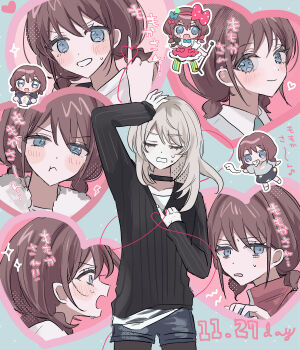 2girls absurdres black_choker black_pantyhose black_sweater blue_eyes blue_shorts blush bow brown_hair chibi chibi_inset choker clutching_chest commentary crying crying_with_eyes_open dated fur_trim girls_band_cry grey_hair hair_bow hamchan69 heart highres iseri_nina kawaragi_momoka koe_naki_sakana long_hair long_sleeves low_twintails multicolored_hair multiple_girls open_mouth pantyhose pantyhose_under_shorts pinky_out pout roots_(hair) short_hair short_twintails shorts string string_of_fate sweatdrop sweater tears twintails yuri