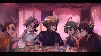 5boys black_hair black_shirt blonde_hair breasts brown_eyes brown_hair closed_eyes eating facial_mark fudo_yusei fujiki_yusaku glasses green_eyes group_picture harunagi highres indoors male_focus medium_breasts multicolored_hair multiple_boys red_hair sakaki_yuya shirt sitting spiked_hair sweater table trait_connection tsukumo_yuma two-tone_hair white_sweater yu-gi-oh! yu-gi-oh!_5d's yu-gi-oh!_arc-v yu-gi-oh!_gx yu-gi-oh!_vrains yu-gi-oh!_zexal yuki_judai